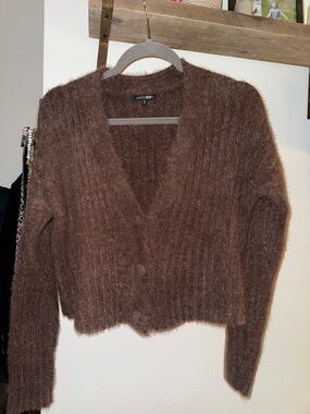 Papermoon Brown Fuzzy V-Neck Button Cardigan